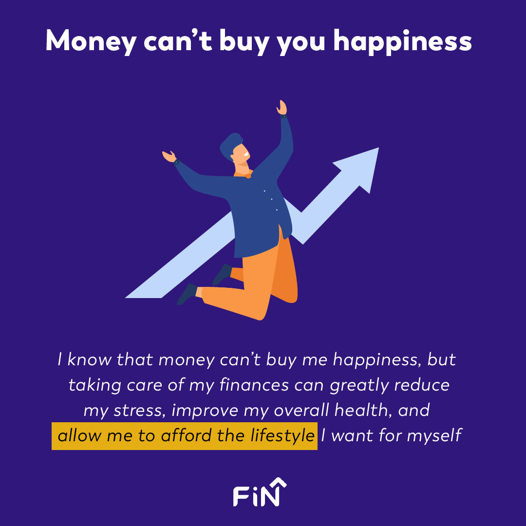 fin 1 Screenshot of the fintech app's social media post showing saying that I know money can't buy me happoness. but it can help me live the life I want, greatley reuce my stress and improve my lifestyle.