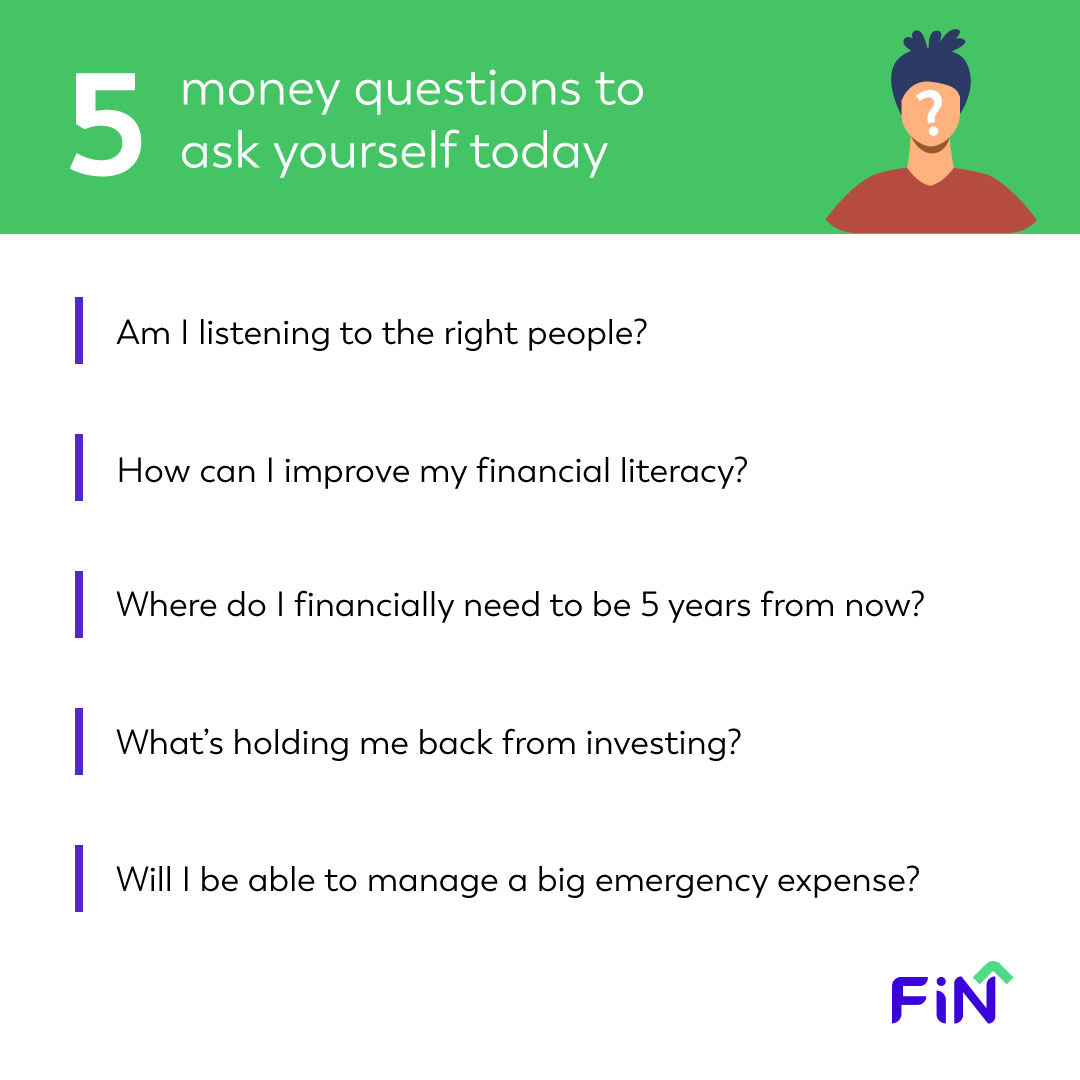 fin 6 screenshot of a social media post for a fintech app telling people about 5 money questions they can ask themseves for a better financial future.